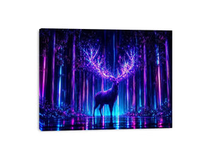 Futuristic glowing deer canvas art for modern living room and gaming room decor.
