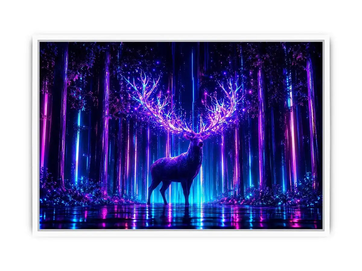 Futuristic glowing deer canvas art for modern living room and gaming room decor.