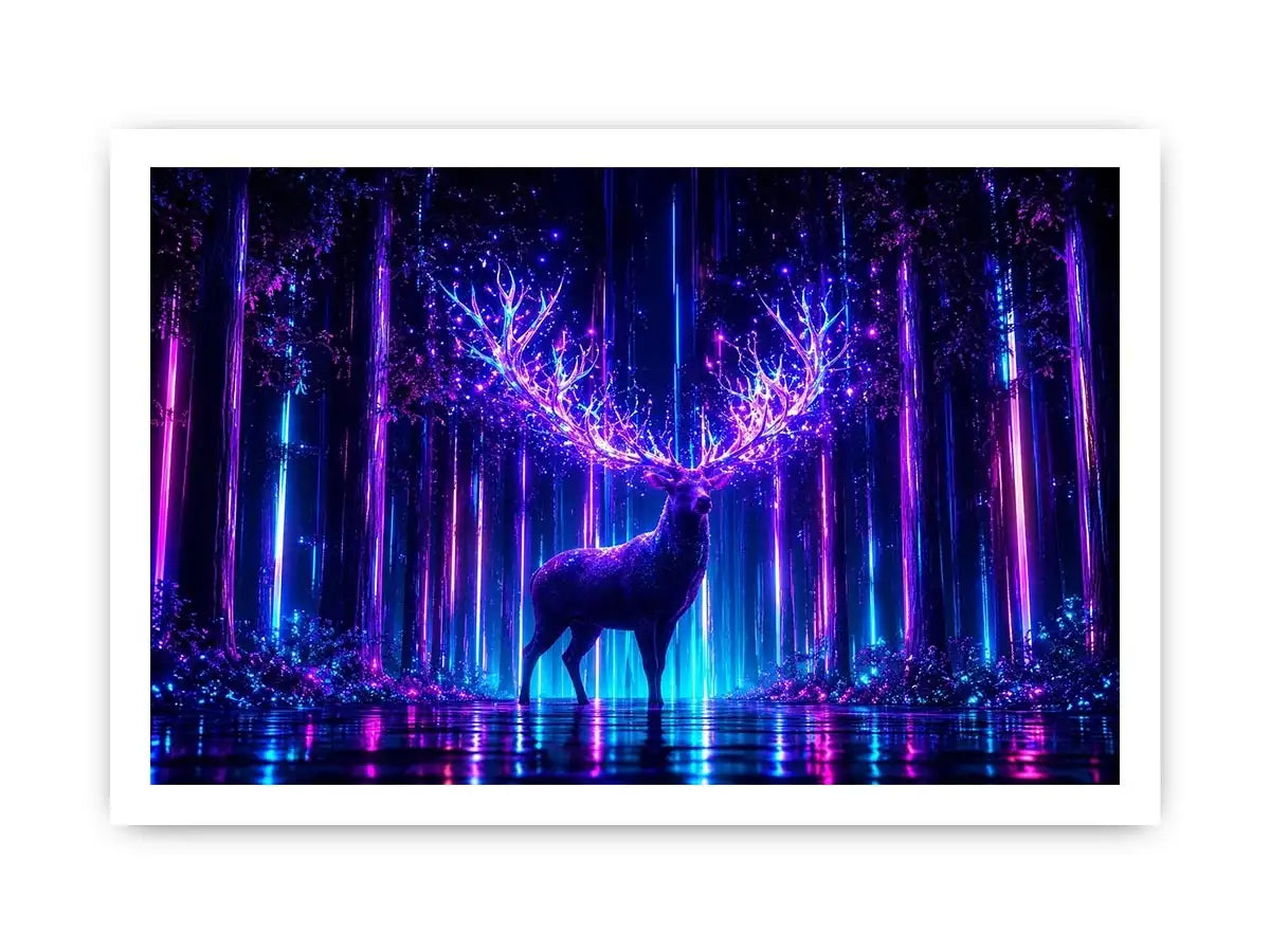 Futuristic glowing deer canvas art for modern living room and gaming room decor.