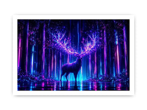 Futuristic glowing deer canvas art for modern living room and gaming room decor.