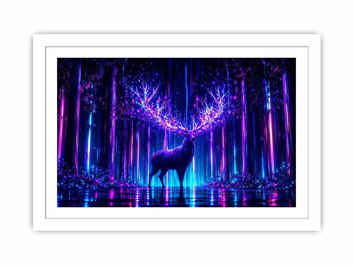 Futuristic glowing deer canvas art for modern living room and gaming room decor.