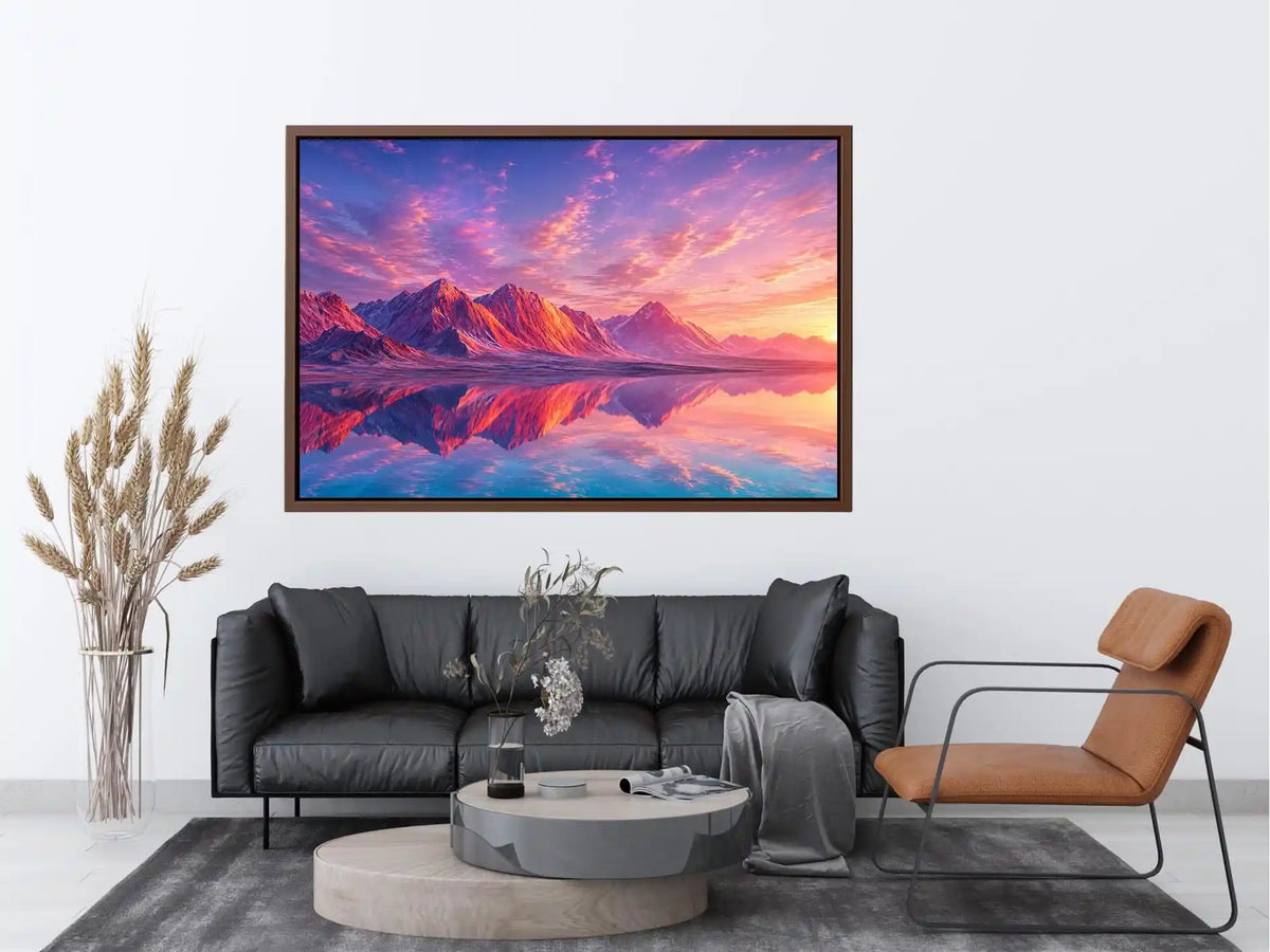 Pastel mountain landscape canvas art for modern bedroom and minimalist living room decor.