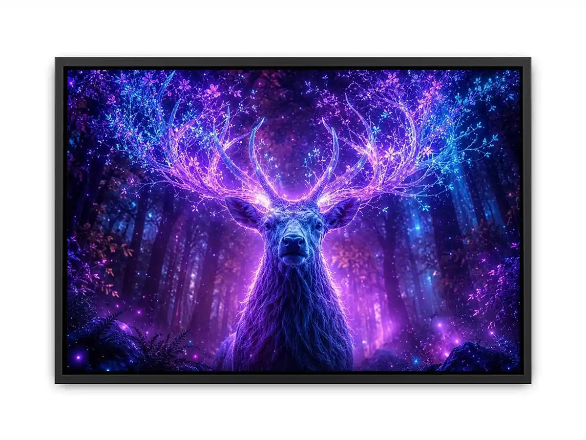 Mystical glowing stag canvas art for modern living room and fantasy inspired luxury wall decor.
