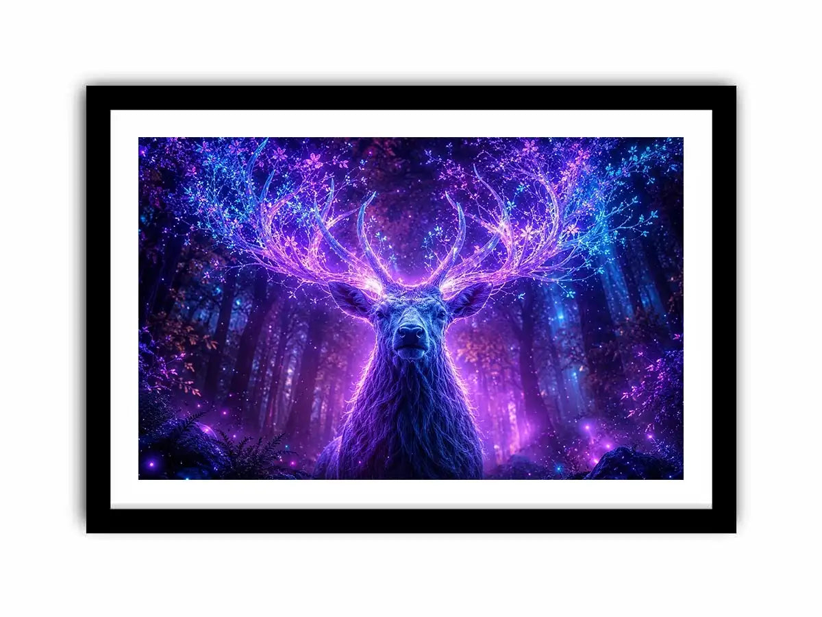 Mystical glowing stag canvas art for modern living room and fantasy inspired luxury wall decor.