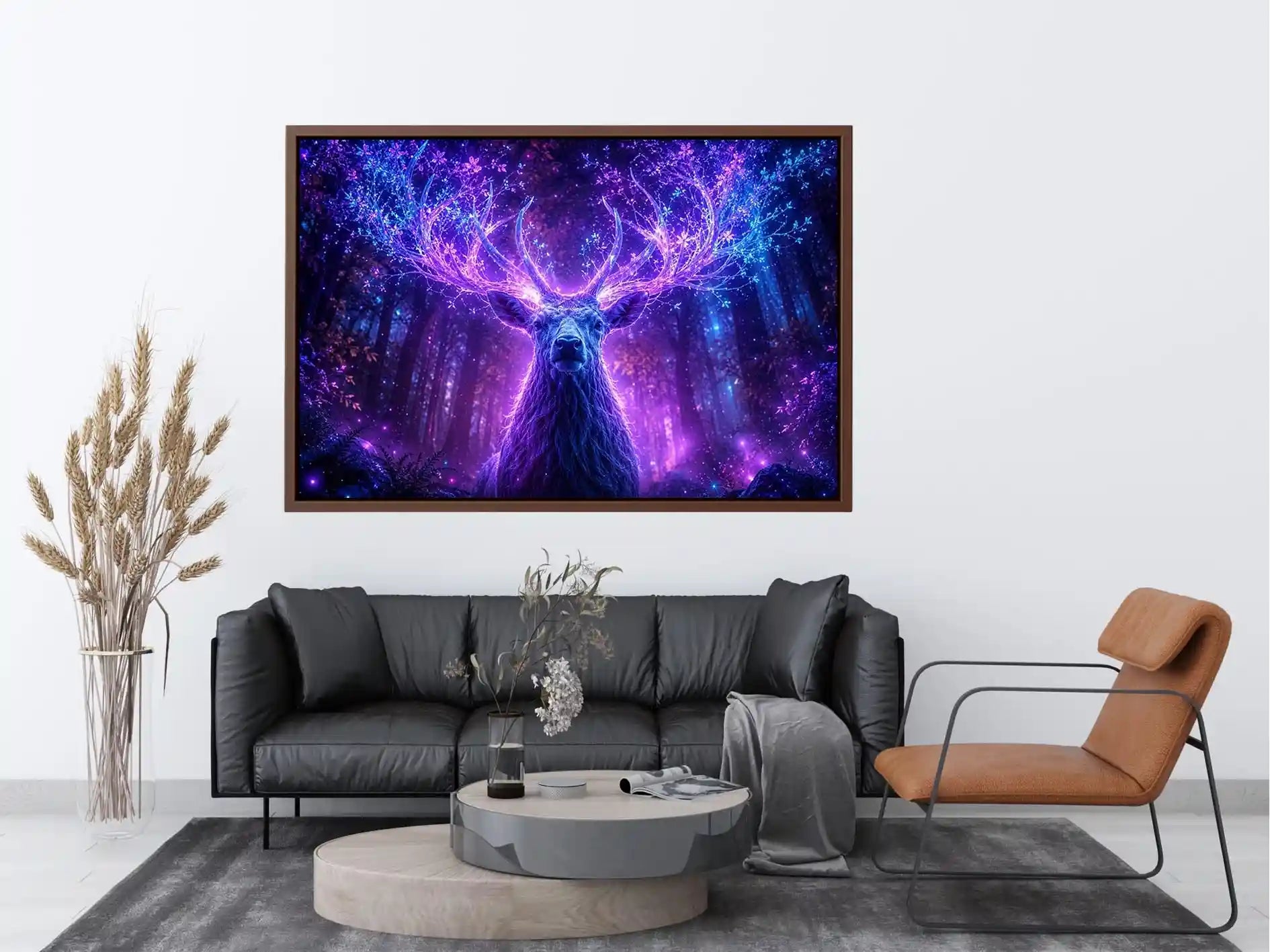 Mystical glowing stag canvas art for modern living room and fantasy inspired luxury wall decor.