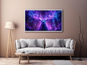 Mystical glowing stag canvas art for modern living room and fantasy inspired luxury wall decor.