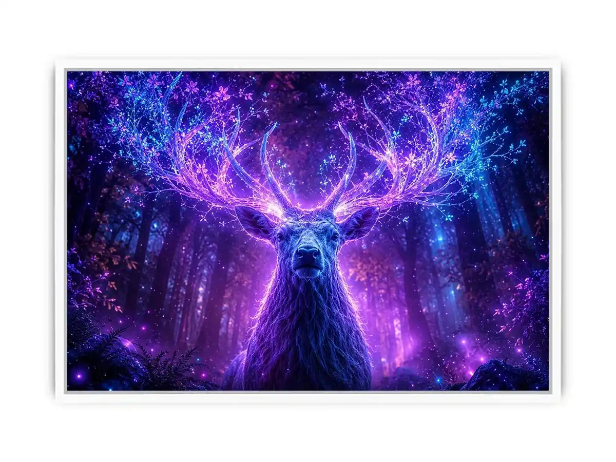 Mystical glowing stag canvas art for modern living room and fantasy inspired luxury wall decor.