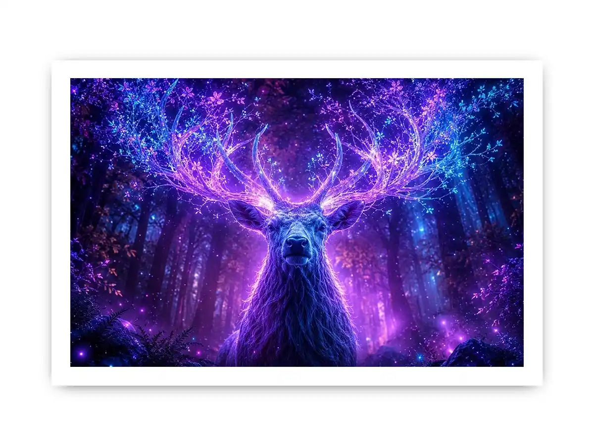 Mystical glowing stag canvas art for modern living room and fantasy inspired luxury wall decor.