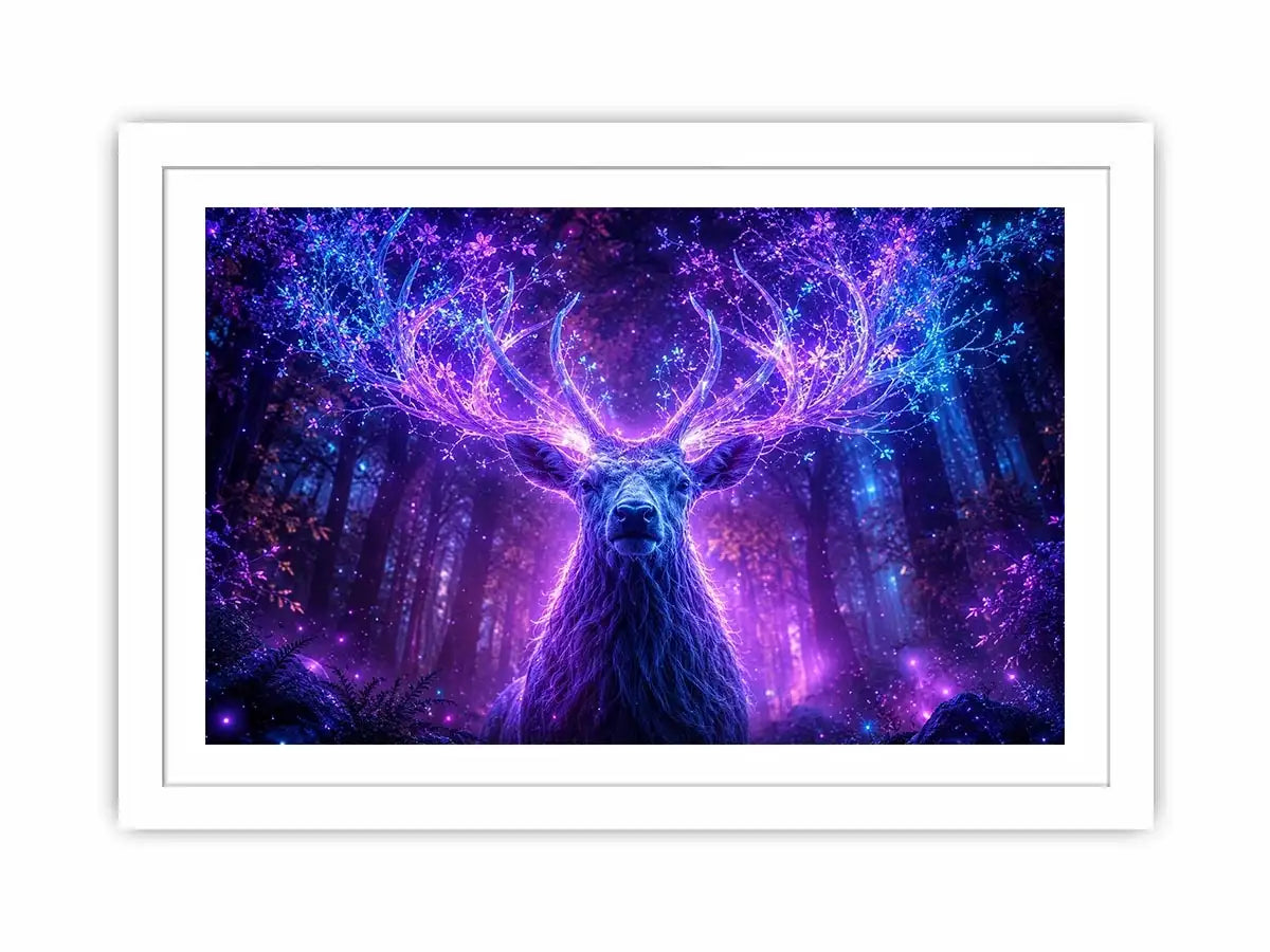 Mystical glowing stag canvas art for modern living room and fantasy inspired luxury wall decor.