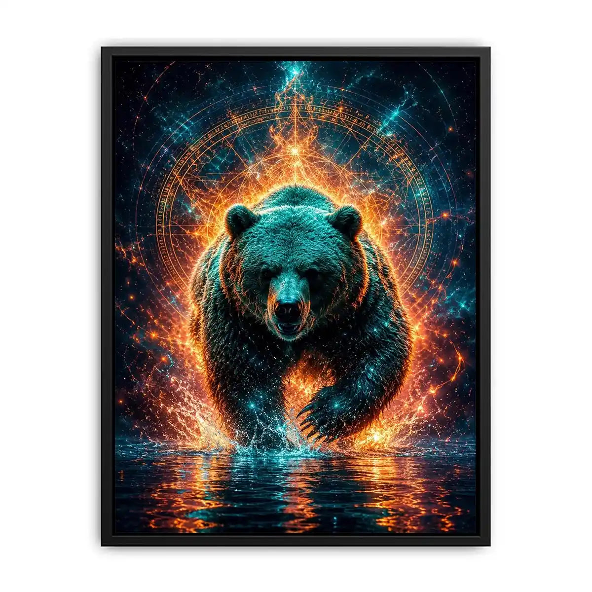 Surreal glowing bear canvas art for modern office and luxury living room wall decor.