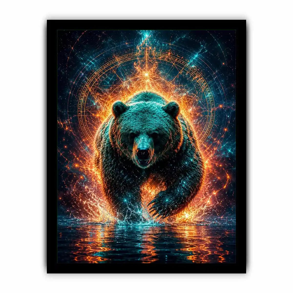 Surreal glowing bear canvas art for modern office and luxury living room wall decor.