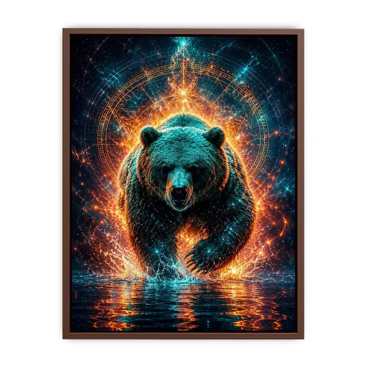 Surreal glowing bear canvas art for modern office and luxury living room wall decor.