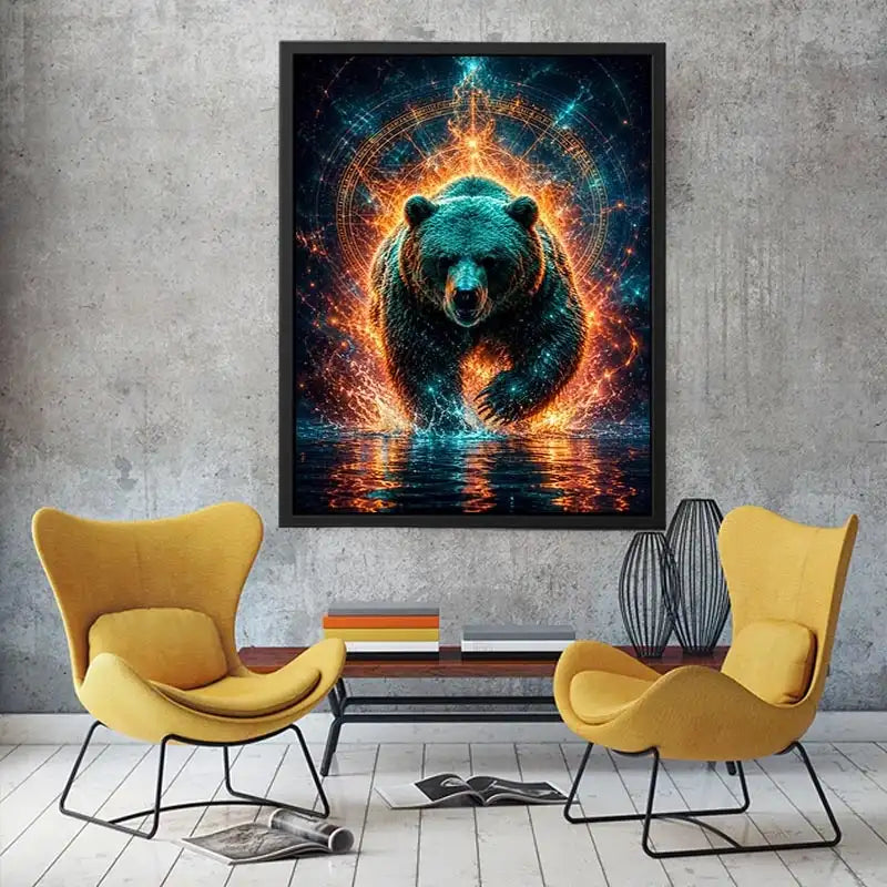 Surreal glowing bear canvas art for modern office and luxury living room wall decor.