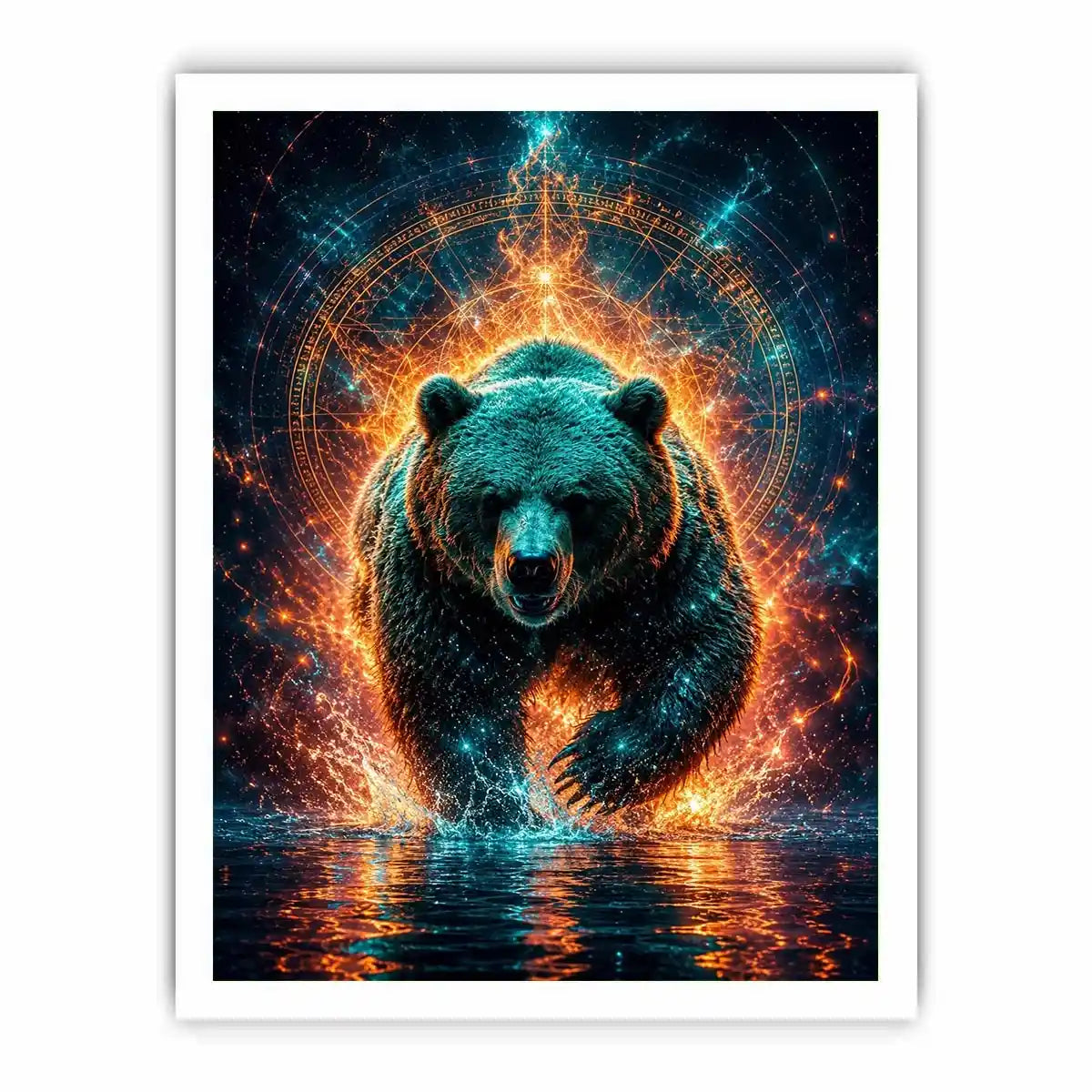 Surreal glowing bear canvas art for modern office and luxury living room wall decor.