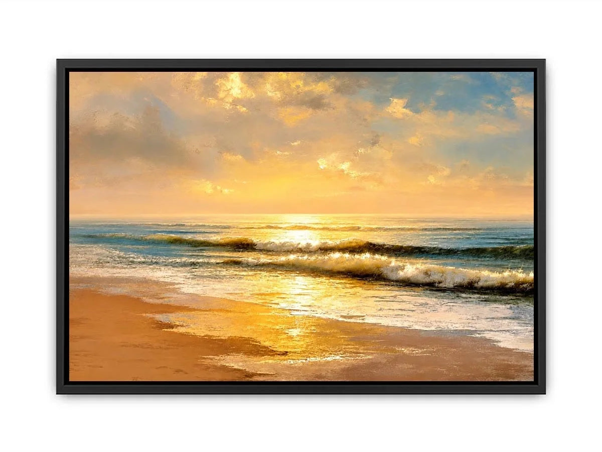 Sunlit ocean beach at sunrise canvas art for elegant living room decor