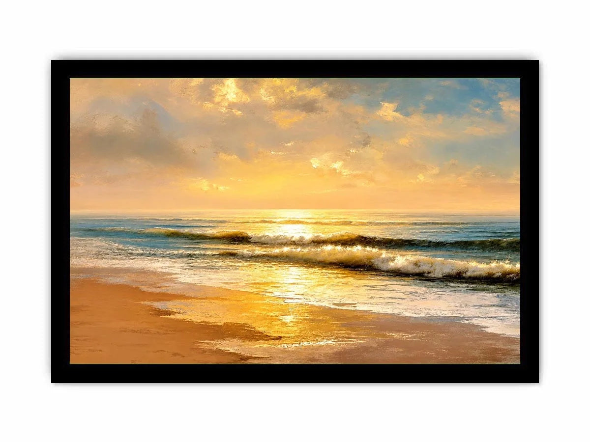 Sunlit ocean beach at sunrise canvas art for elegant living room decor