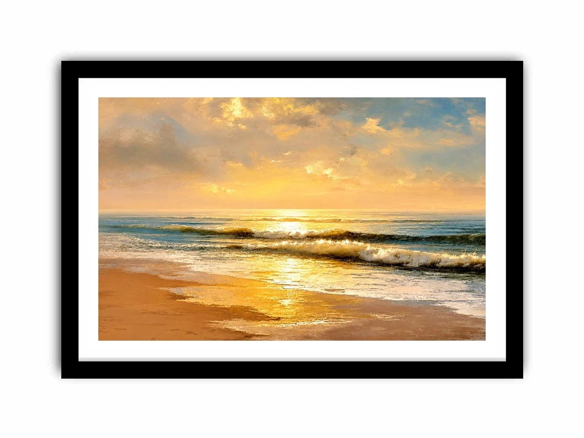 Sunlit ocean beach at sunrise canvas art for elegant living room decor