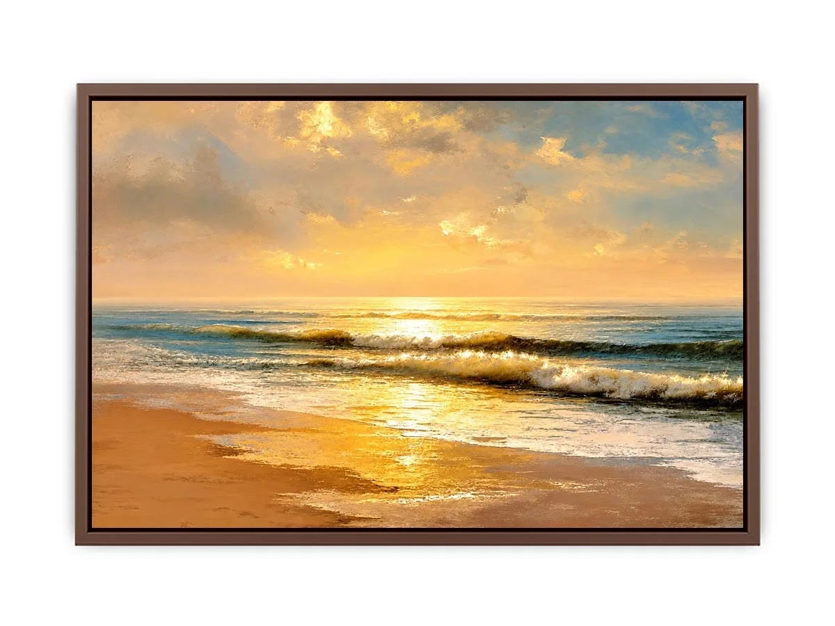 Sunlit ocean beach at sunrise canvas art for elegant living room decor