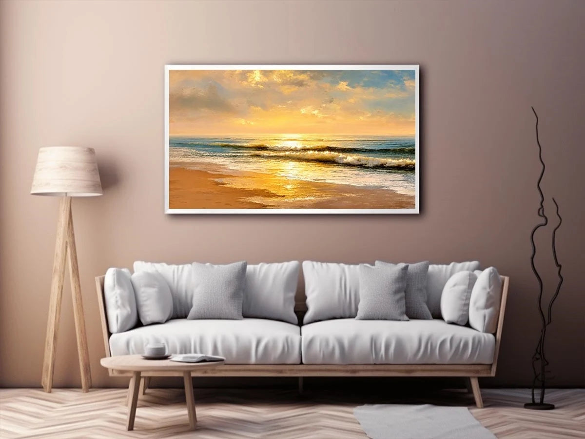 Sunlit ocean beach at sunrise canvas art for elegant living room decor