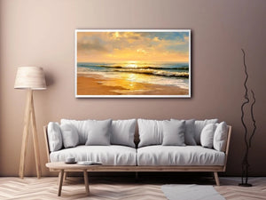 Sunlit ocean beach at sunrise canvas art for elegant living room decor