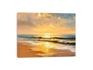 Sunlit ocean beach at sunrise canvas art for elegant living room decor