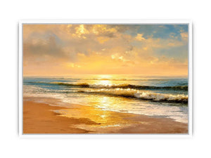 Sunlit ocean beach at sunrise canvas art for elegant living room decor