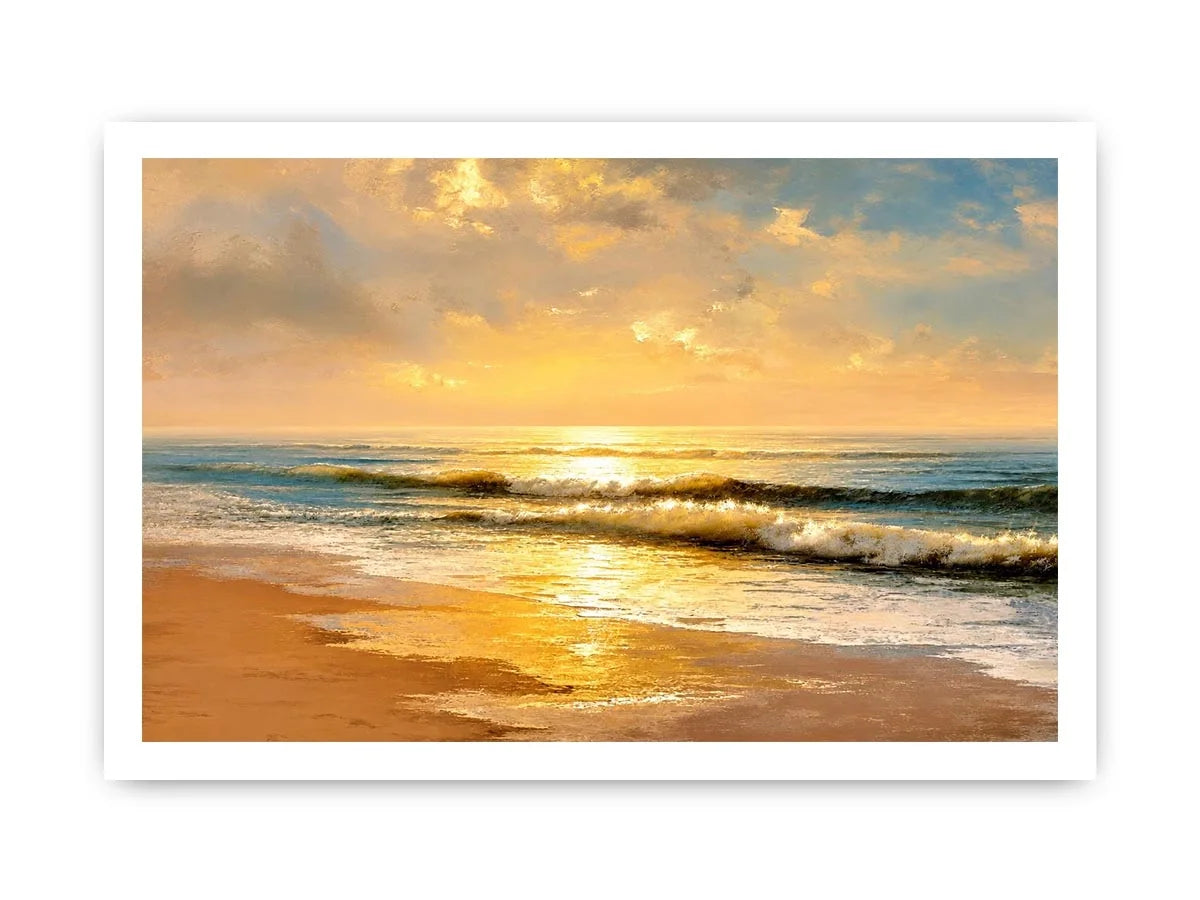 Sunlit ocean beach at sunrise canvas art for elegant living room decor