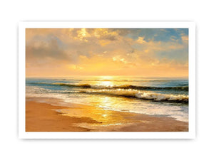 Sunlit ocean beach at sunrise canvas art for elegant living room decor