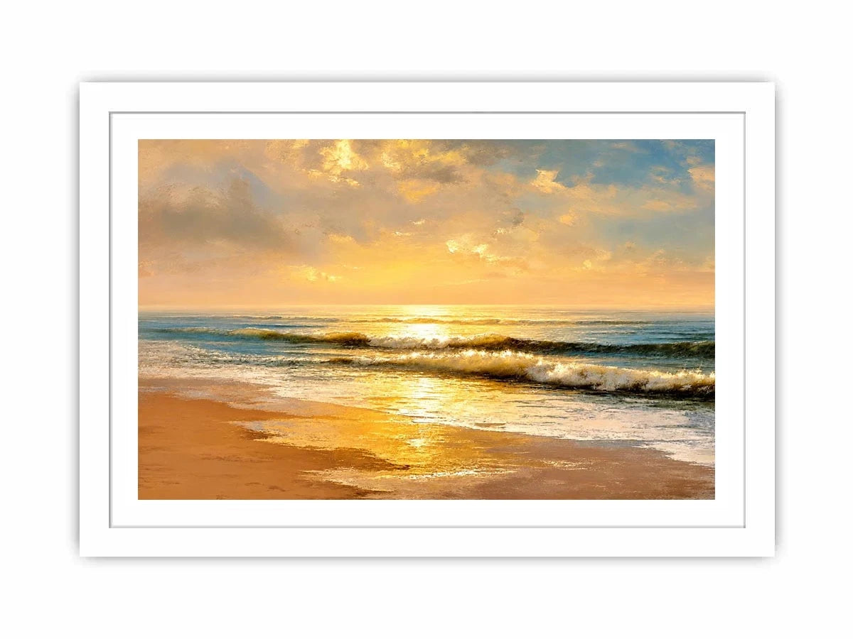 Sunlit ocean beach at sunrise canvas art for elegant living room decor