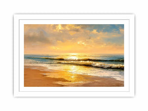 Sunlit ocean beach at sunrise canvas art for elegant living room decor