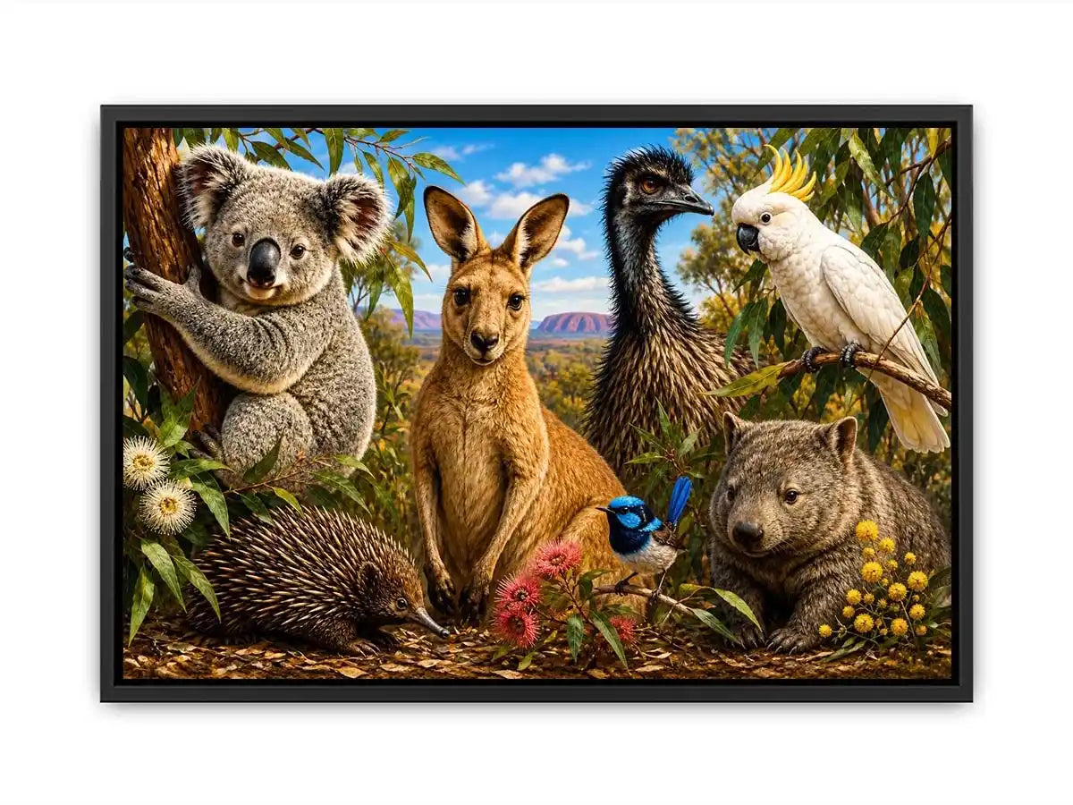 Australian wildlife collage artwork canvas art for elegant living room decor