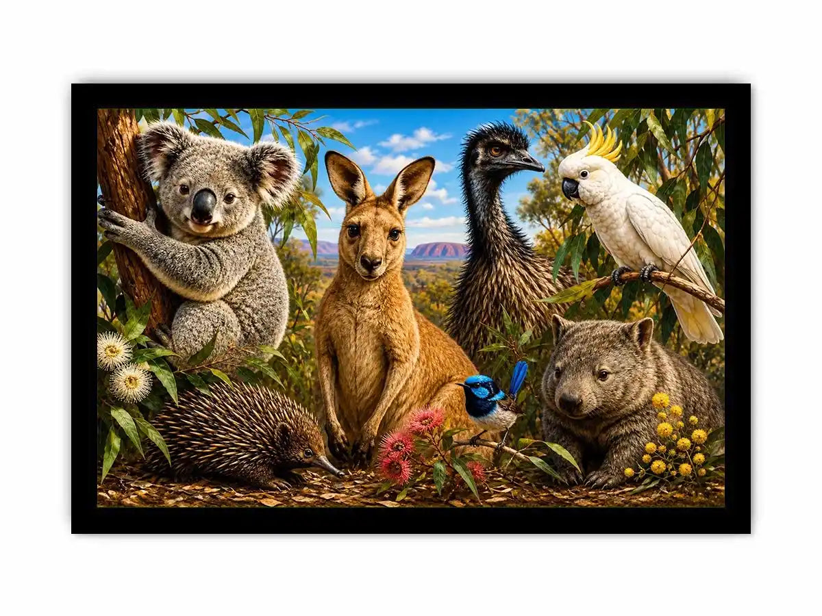 Australian wildlife collage artwork canvas art for elegant living room decor