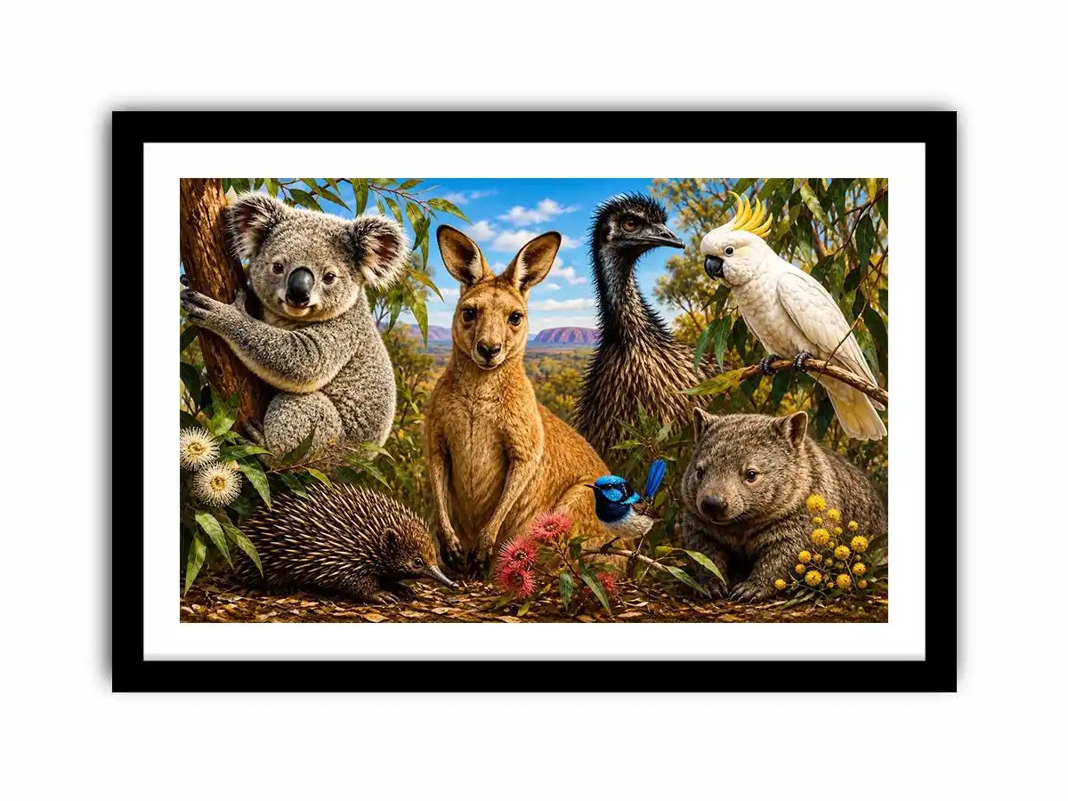 Australian wildlife collage artwork canvas art for elegant living room decor
