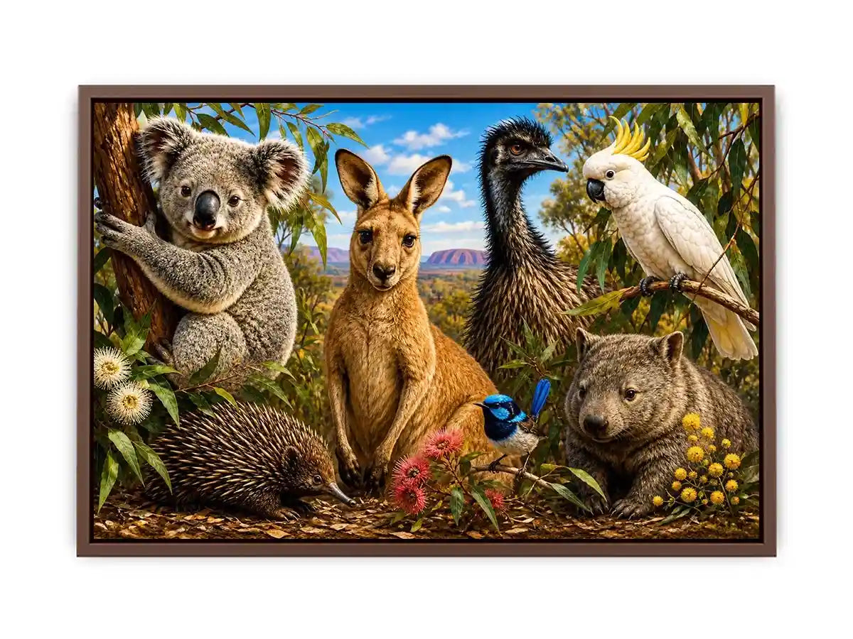 Australian wildlife collage artwork canvas art for elegant living room decor
