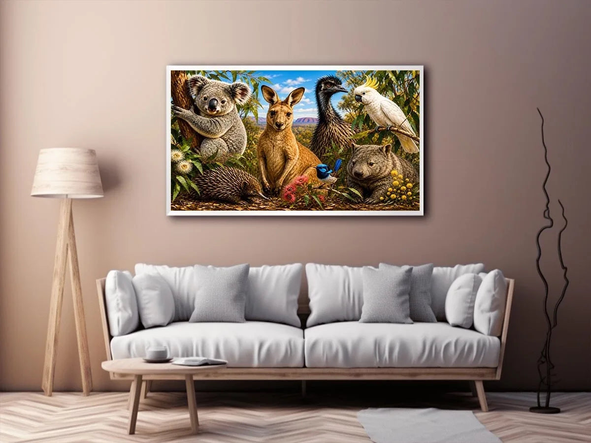 Australian wildlife collage artwork canvas art for elegant living room decor