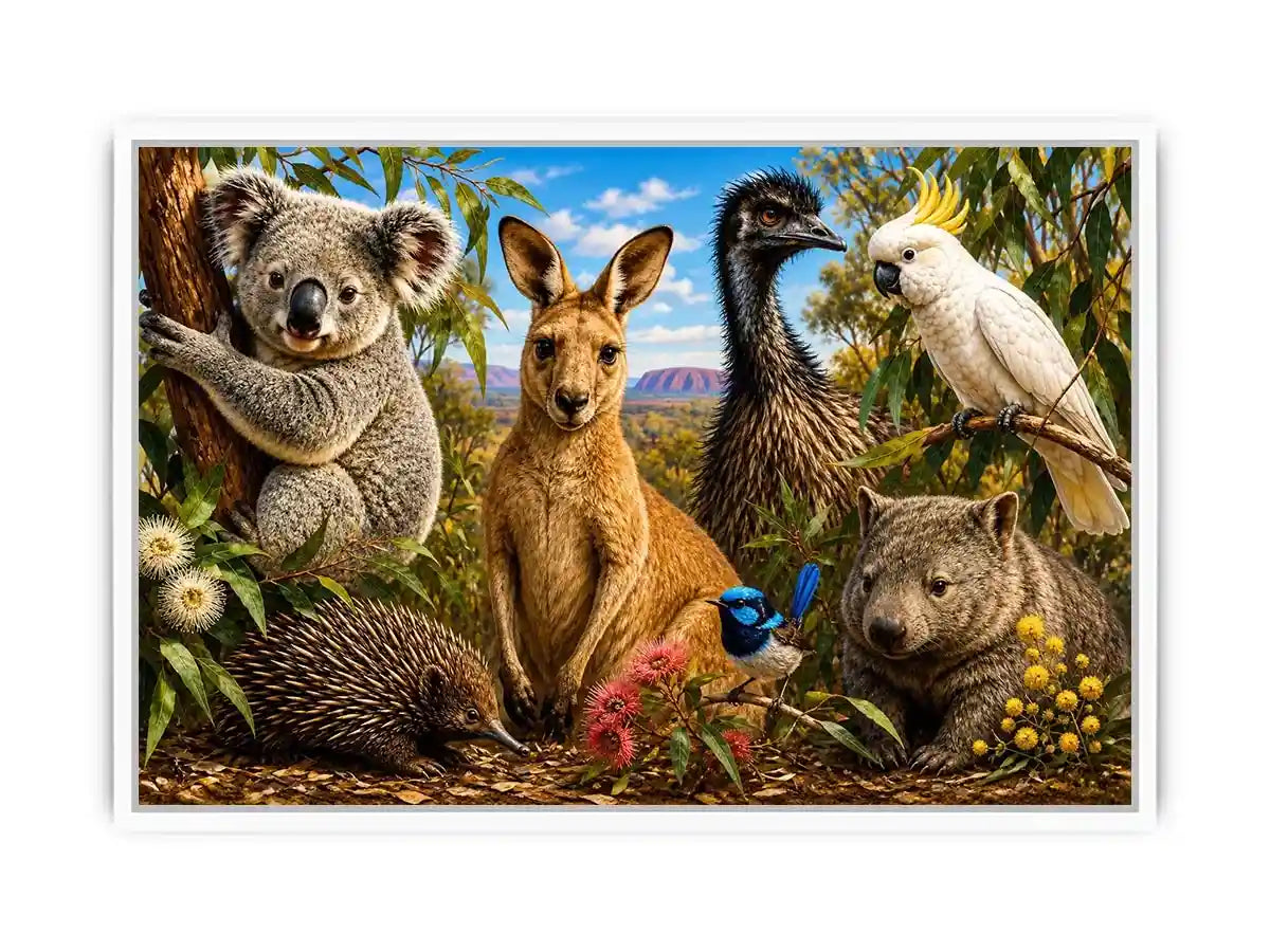 Australian wildlife collage artwork canvas art for elegant living room decor