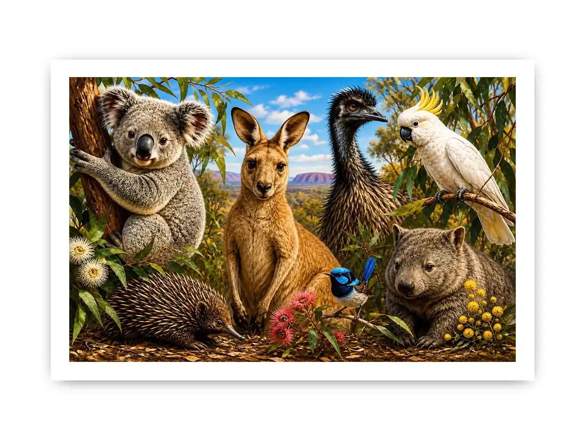 Australian wildlife collage artwork canvas art for elegant living room decor
