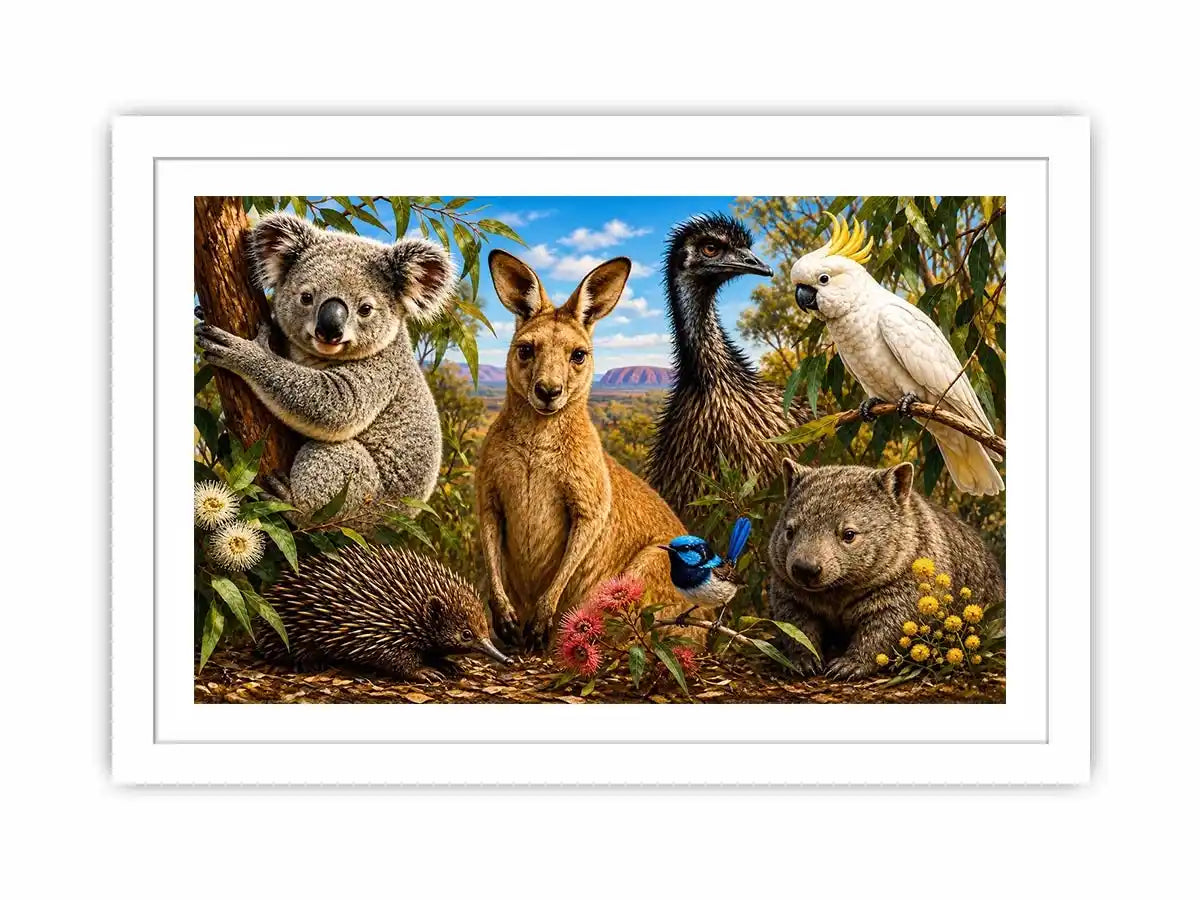 Australian wildlife collage artwork canvas art for elegant living room decor