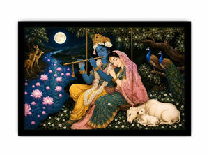 Radha Krishna moonlit spiritual painting canvas art for elegant living room decor