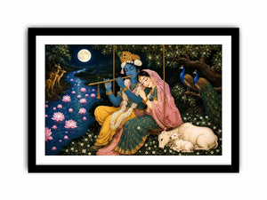 Radha Krishna moonlit spiritual painting canvas art for elegant living room decor
