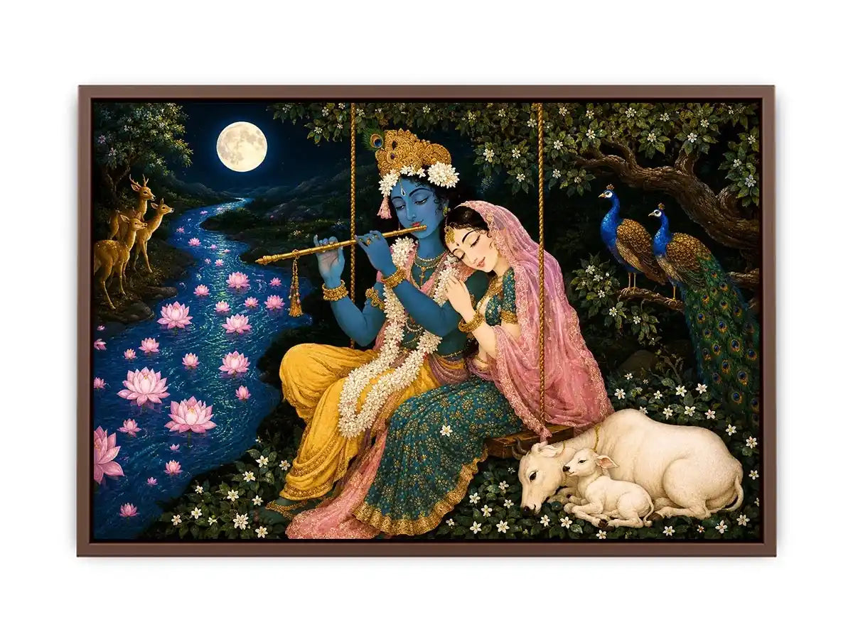 Radha Krishna moonlit spiritual painting canvas art for elegant living room decor