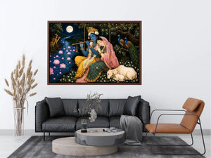 Radha Krishna moonlit spiritual painting canvas art for elegant living room decor