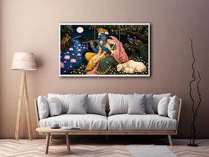 Radha Krishna moonlit spiritual painting canvas art for elegant living room decor