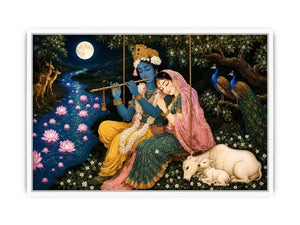 Radha Krishna moonlit spiritual painting canvas art for elegant living room decor