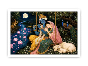 Radha Krishna moonlit spiritual painting canvas art for elegant living room decor