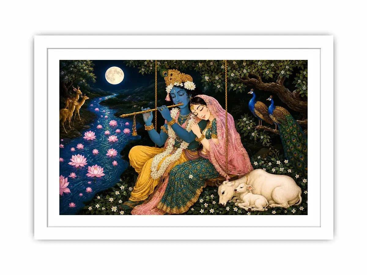 Radha Krishna moonlit spiritual painting canvas art for elegant living room decor