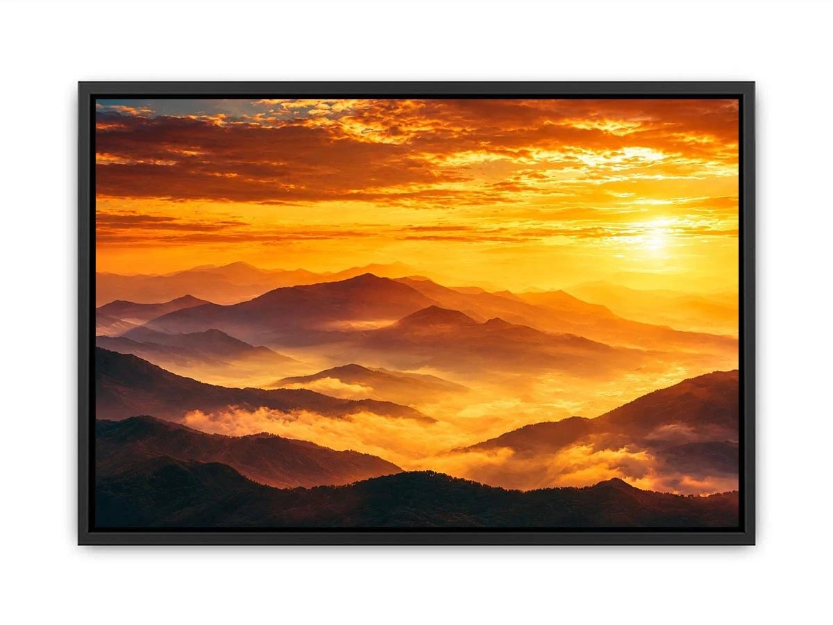 Golden mountain sunrise landscape canvas art for elegant living room decor