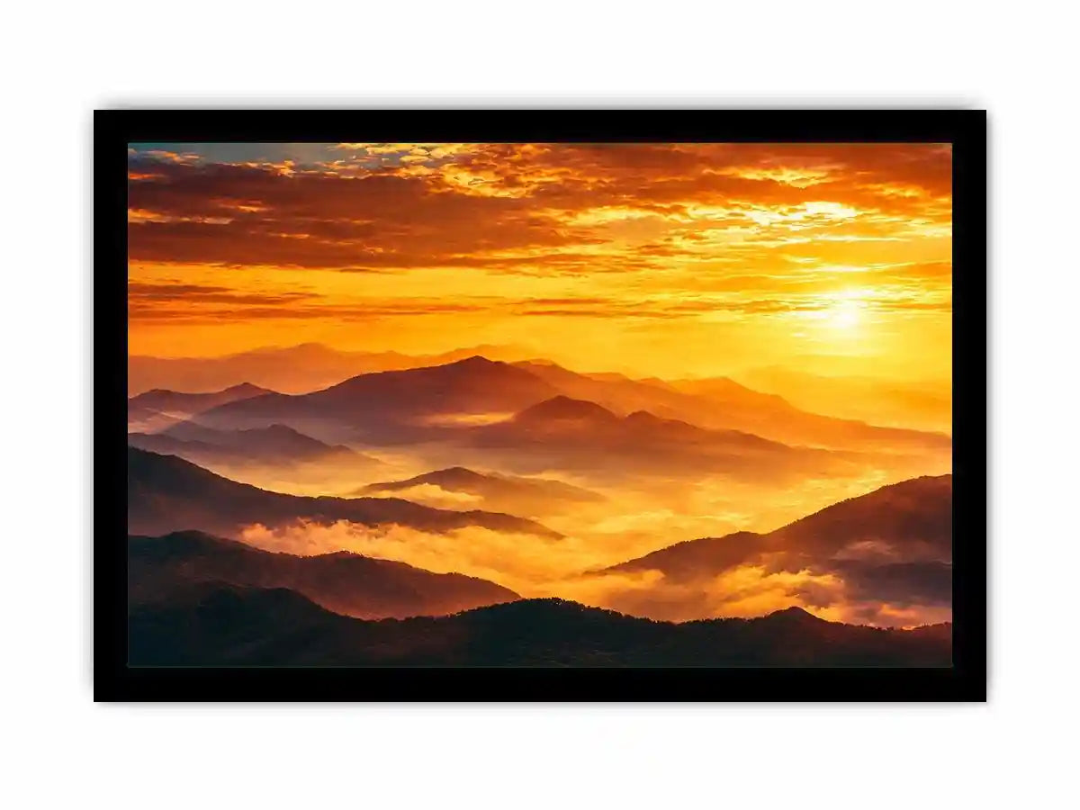Golden mountain sunrise landscape canvas art for elegant living room decor