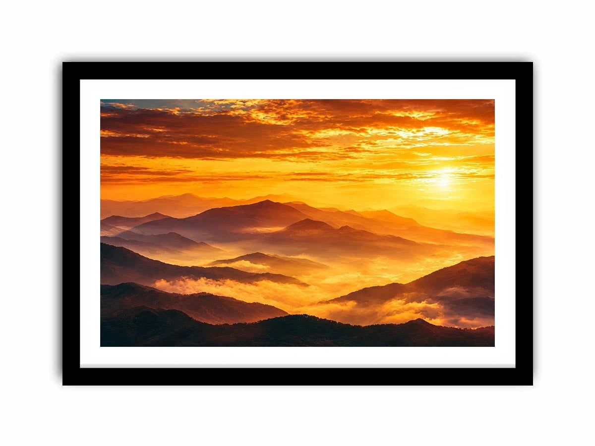 Golden mountain sunrise landscape canvas art for elegant living room decor