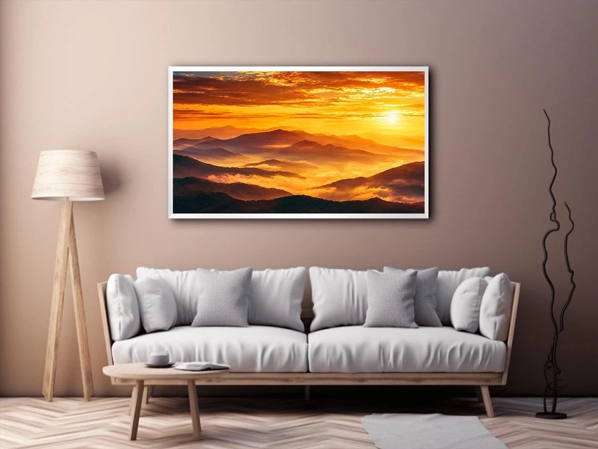 Golden mountain sunrise landscape canvas art for elegant living room decor